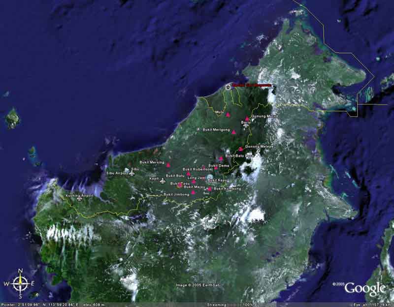 An Earth-Google view of Sarawak showing trig stations